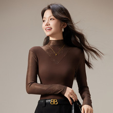 蕾丝上衣女长袖2025秋冬新款大码女装半高领网纱内搭打底衫洋气衫