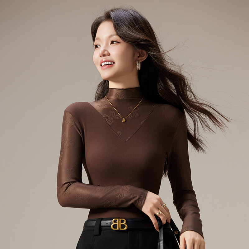 Lace Top Women's Long-Sleeved 2025 Autumn and Winter New Large Size Women's Half Turtleneck Mesh Inner Layering Shirt Western Style Shirt Lace Top Women's Long-Sleeved 2025 Autumn and Winter New Large Size Women's Half Turtleneck Mesh Inner Layering Shirt Western Style Shirt