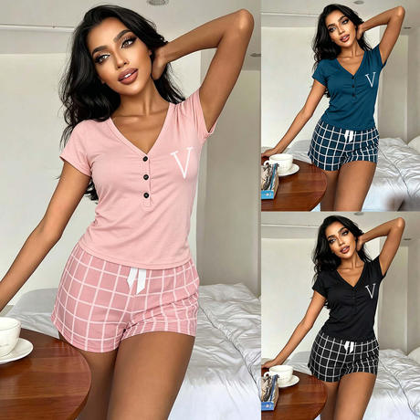 Cross-Border New Foreign Trade Women's Home Wear Set, Summer Thin Pajamas Set, Fashionable Casual Short-Sleeved Shorts