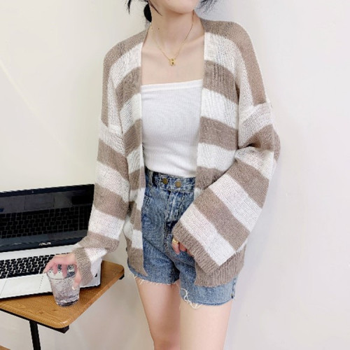 Color-blocked Korean-style cashmere sun-protective long-sleeved loose striped knit cardigan women's top coat