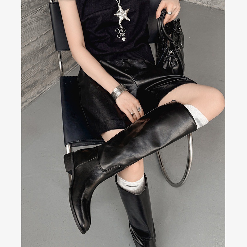 强推！秋冬欧美风复古牛皮骑士长靴圆头宽筒欧货高筒靴女低跟极简|undefined