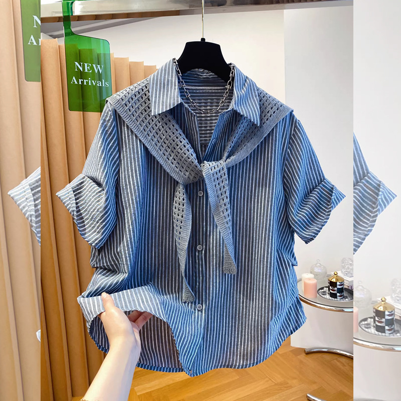 Korean-Style Striped Shirt for Women, Short-Sleeved, Paired with a Shawl, Two-Piece Set, Plus Size, New Summer Fashion, Loose-Fitting Shirt, Trendy