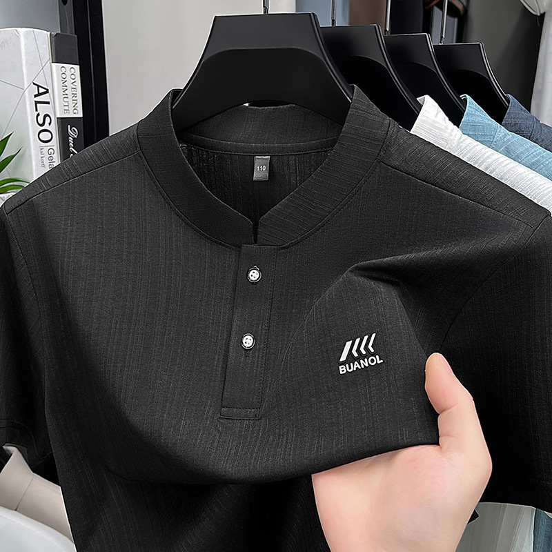 Ice Silk Stand-Up Collar Short-Sleeved Men's T-Shirt Summer New Style Henry Collar Breathable Loose Business Casual Men's Short-Sleeved T-Shirt