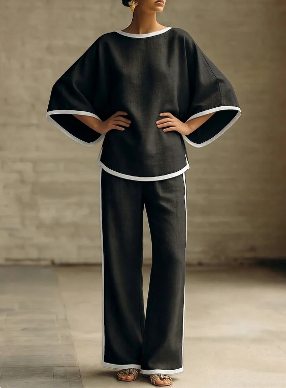 Women's Elegant Two Piece Set round Neck Batwing Sleeve Loose Fit Cotton Linen Top And Pants Outfit_ecoleips.com