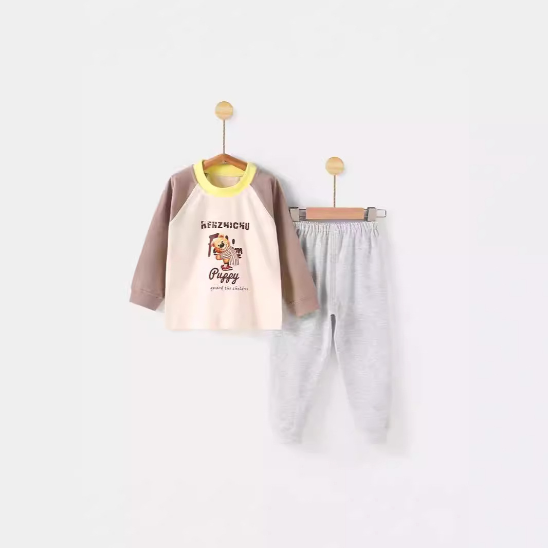 人之初儿童长袖T恤长裤2024秋装新款纯棉宝宝卡通印花套装