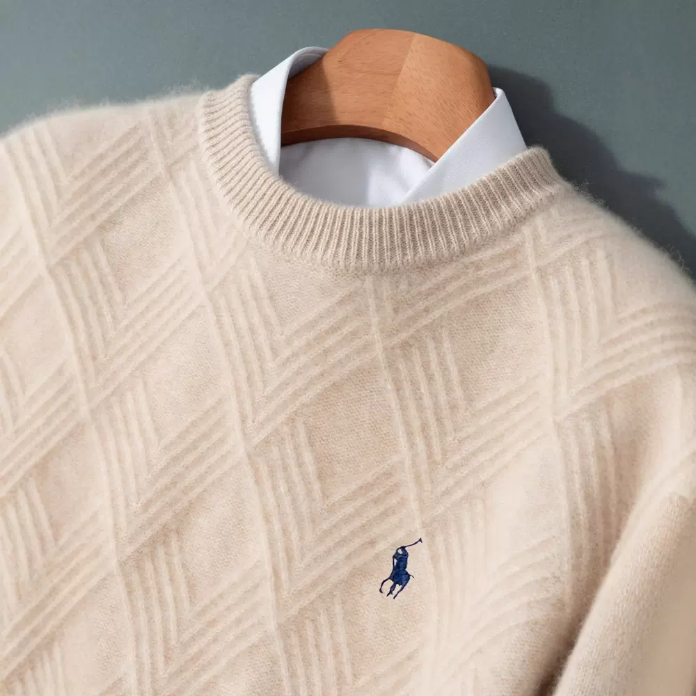 新款男士100纯羊毛衫圆领刺绣宽松百搭时尚商务羊绒针织打底衫潮