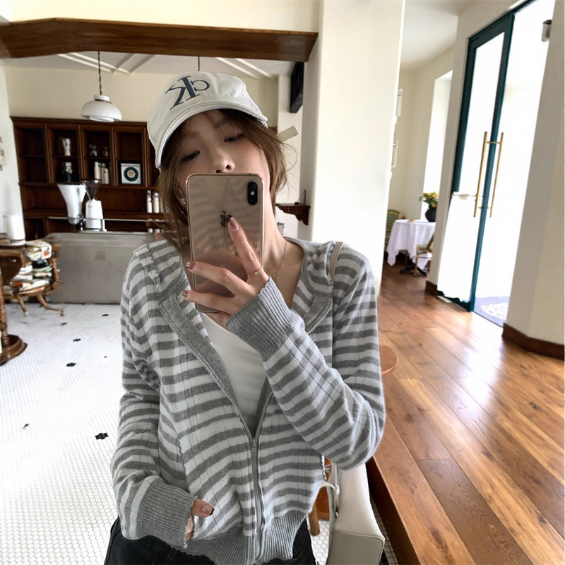 实拍~2025春秋减龄显瘦连帽拉链薄款显瘦针织开衫卫衣外套女86295|undefined