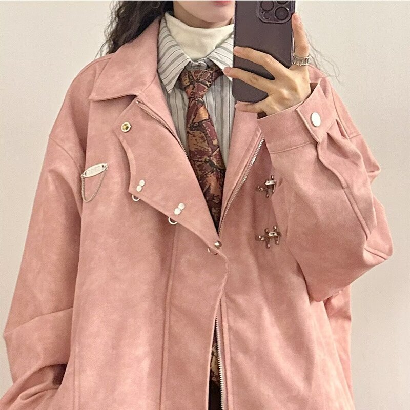 American retro pink leather coat women's autumn loose Maillard style lapel baseball uniform workwear jacket overcoat