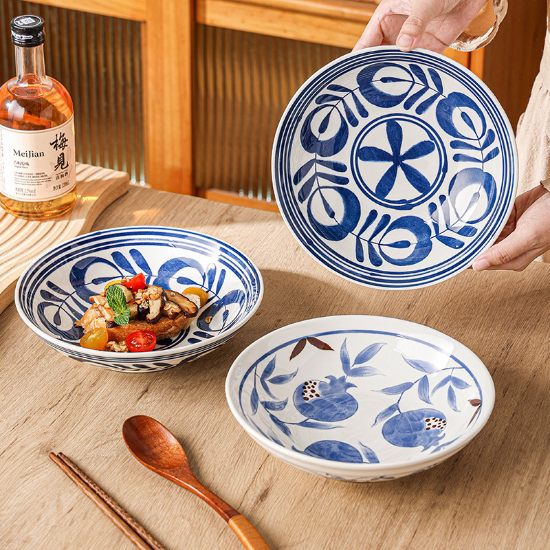 Vintage Underglaze Blue Seaweed Deep Dish Home Hand-Painted Dish Japanese Deep Dish Creative Plate