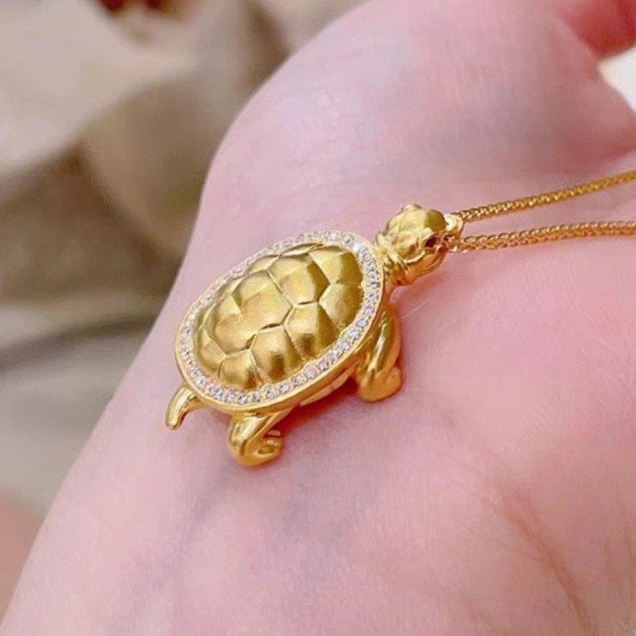 Traditional Gilt Bronze Turtle Pendant, Inlaid with Diamonds, Money Turtle Pendant, Wealth and Fortune Jewelry Necklace, Collarbone Chain