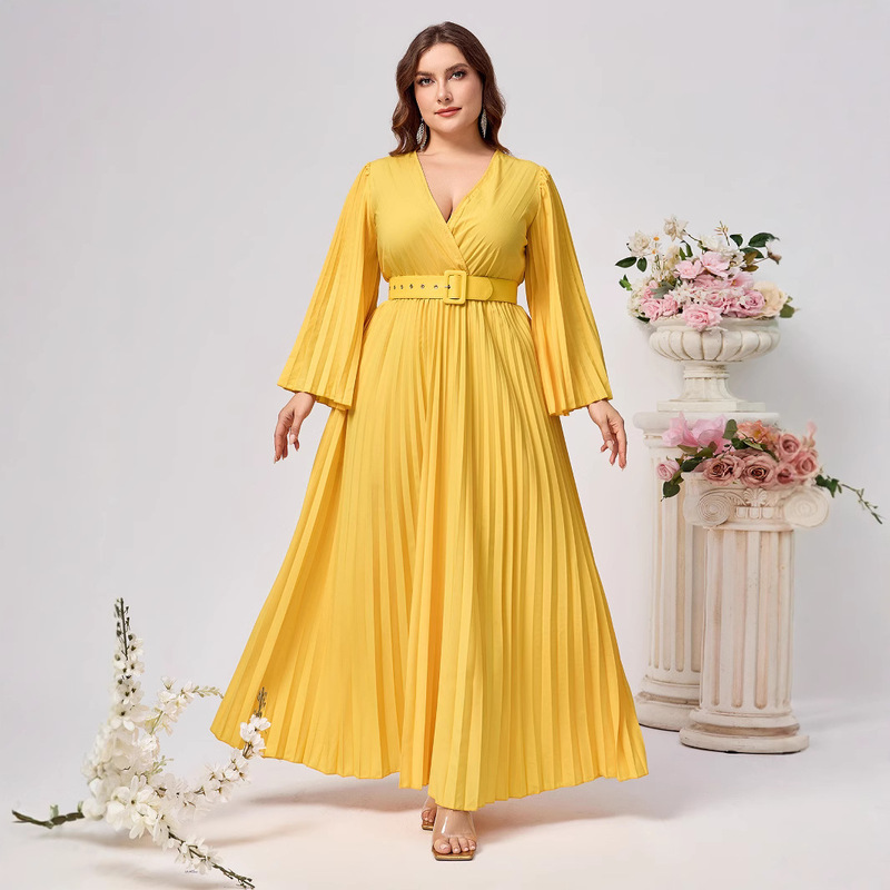 European and American plus size Women's 2025 Amazon New V-neck Sexy Pleated Large Pendulum Dress Long Skirt Cross-border dress