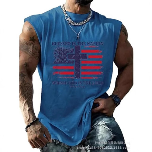 2025 Cotton-Like Support 3D Printed Fitness Tank Top for Men Running USA American Wide Shoulder Sleeveless Backless Top