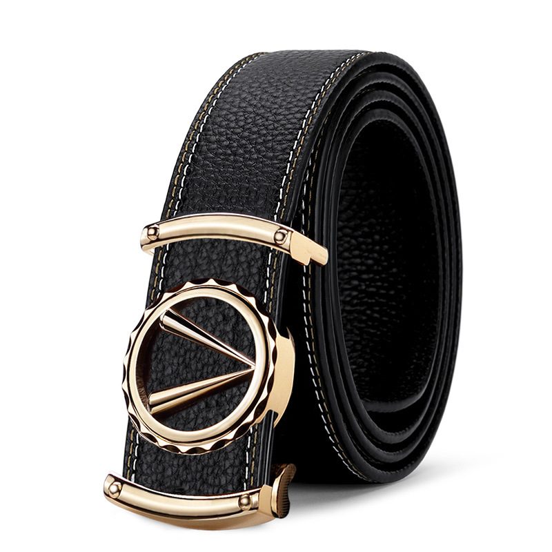 Men Leather Belt Black Gold Buckle Casual Business