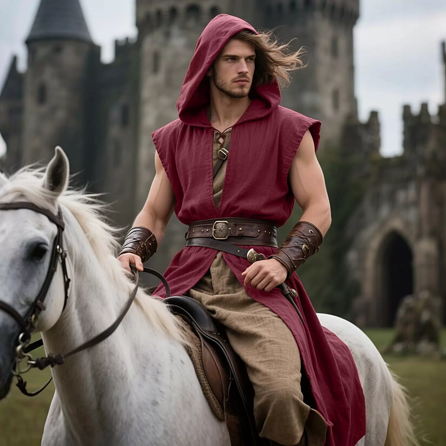 男士中世纪连帽无袖外衣 文艺复兴时期长袍 无袖背心  维京人