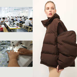 2021年欧美新款定制大码宽松纯色可拆卸袖短款拉链羽绒服保暖外套
