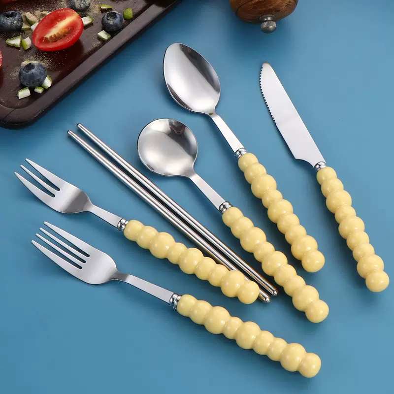 仿陶瓷珍珠手柄九珠刀叉勺创意轻奢不锈钢西餐具套装高颜值北欧风