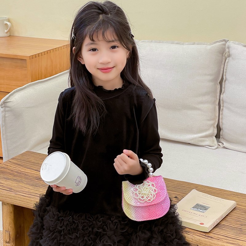 Estilo occidental princesa bolso de hombro moda perla flor bolso de niña 2025 moda cadena de lentejuelas bolso para niños