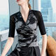 Irregular V-neck Top Women's High-end 2024 Light Luxury Slim-fit Women's Small Shirt Printed Elegant Mesh Mid-sleeve T-shirt
