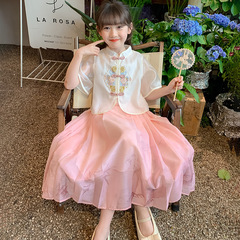 女童短袖連衣裙2024夏季新款兒童中國風夏裝裙子女大童公主裙套裝