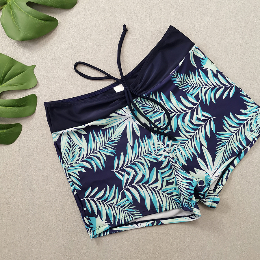 High Waist Lace up Print Swimsuit for Women Split Boxer Style Solid Color Splicing Design European American Foreign Trade 2024 Large Size_ecoleips.com