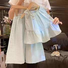 2025洋气女童无袖套装夏季新款中小童荷叶边娃娃衫阔腿裤两件套潮