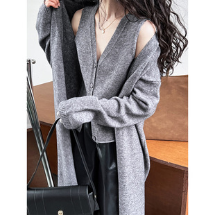 Luxi mid-length knitted cardigan + vest vest two-piece simple design lazy sweater suit ss307