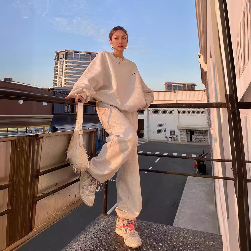 001 American Style Trendy Gray Sweatshirt Set For Women, Spring, Autumn, Winter, Thin Loose Lazy Casual Jogger Pants_voghion.com