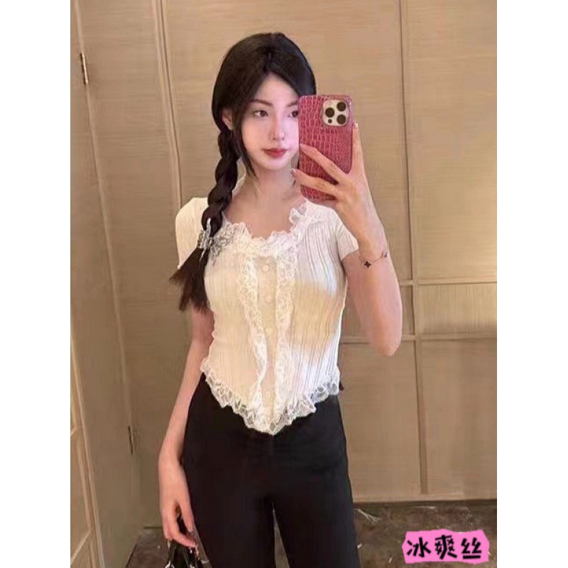 Summer Sweet and Spicy Sexy Lace Stitching V-neck Short-sleeved Sweater Women's Elegant All-match Slim-fit T-shirt Short Top