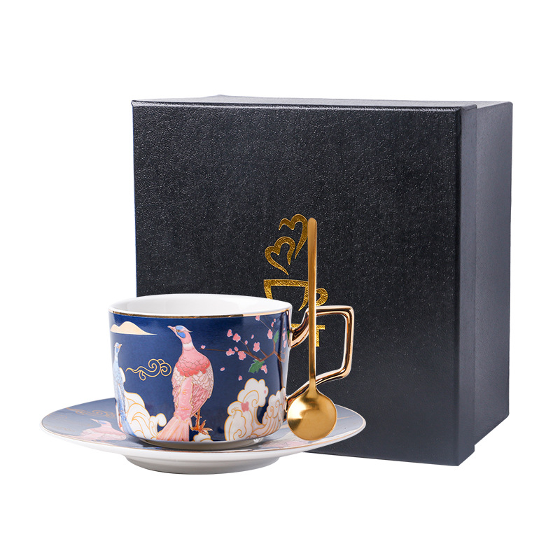 Caja de regalo-Azul-Pavo real taza y platillo cuchara