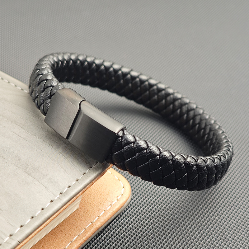 Woven magnetic bracelet made of black leather stainless steel…