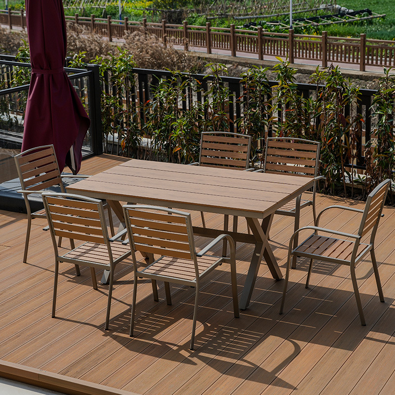 silla de madera de plástico combinada al aire libre balcón impermeable anticorrosión silla de respaldo café al aire libre mesa de té de leche image 9