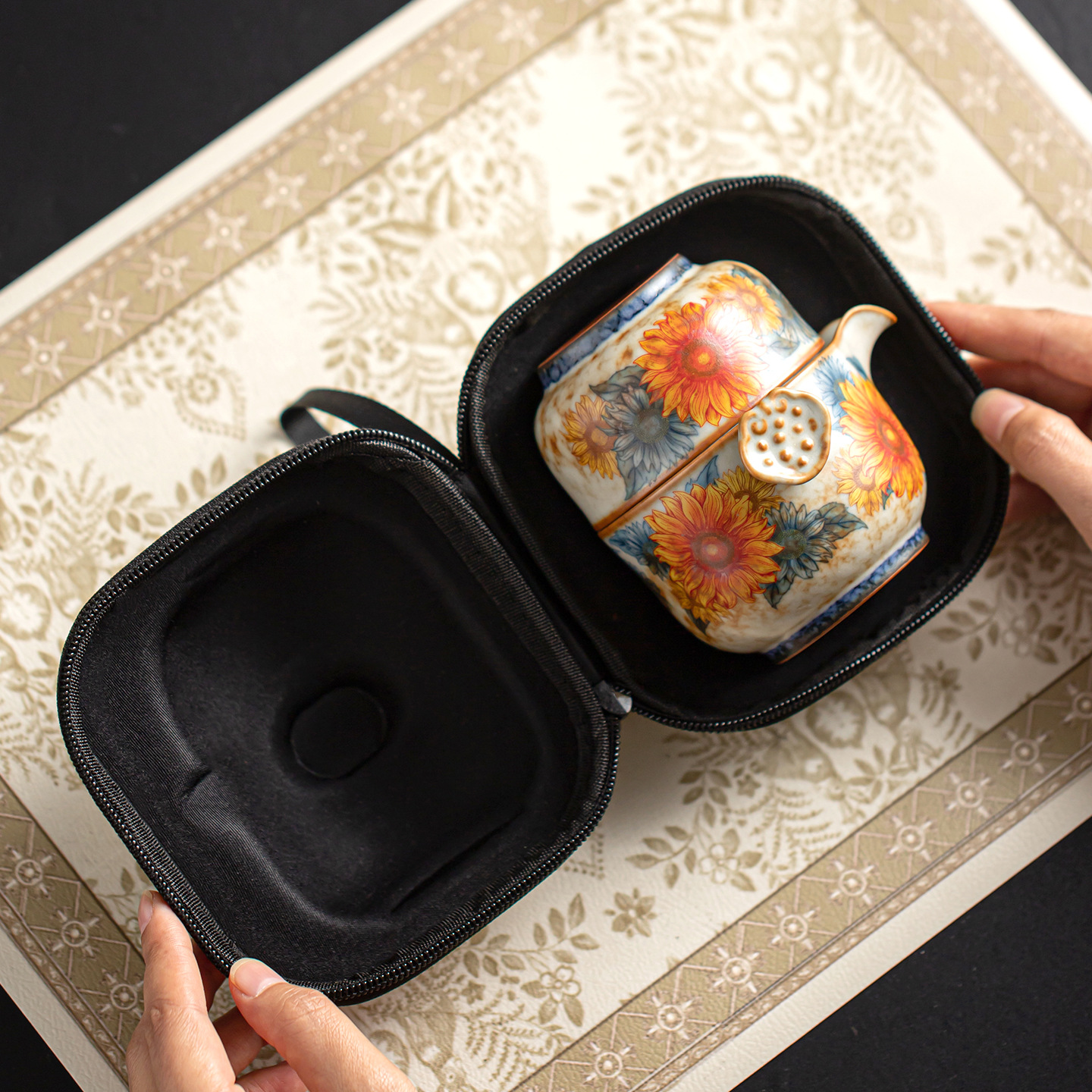 Ru Kiln Caramel Glaze Sunflower Travel Quick-Cup Outdoor Camping High-End Portable One Pot Two Cups Tea Set