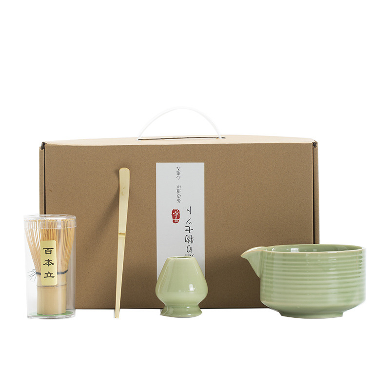 Juego de cuatro piezas de ceremonia del té de matcha, jaula de té de Baiben, tazón de té de pie, juego completo de combinación japonesa, té de punto, accesorios de jaula de té