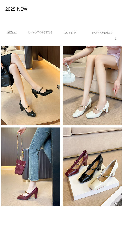 Giày cao gót nữ mũi vuông gót dày quai ngang thanh lịch đi làm, gót 6–8 cm — Màu trắng nhạt, rượu vang đỏ, đen chi tiết 2