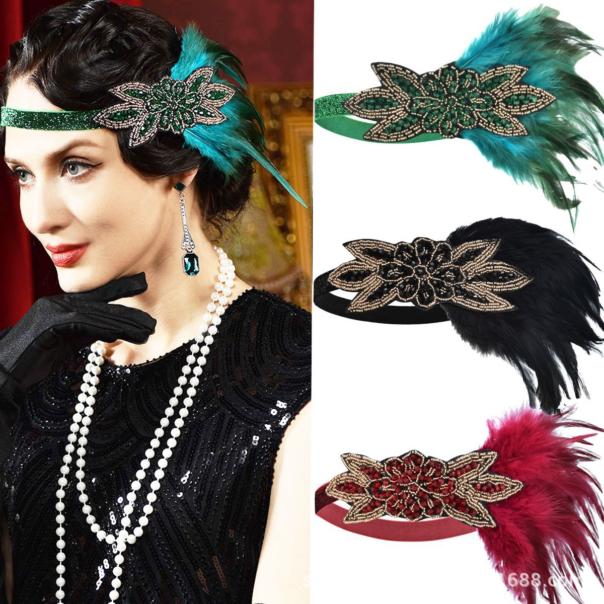 Retro clásico de los años 1920 fiesta fiesta fiesta boda diamantes emplumadas cinta de pelo vestido