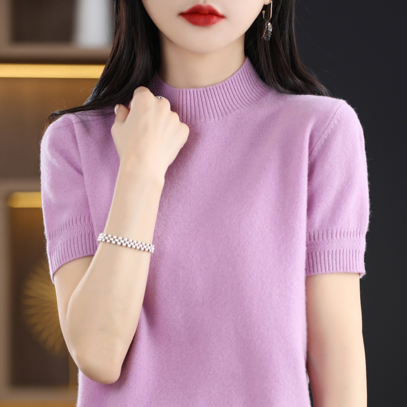Half-turtleneck wool knitted short-sleeved women's spring latest elegant solid color half-sleeve pullover cashmere bottoming shirt top