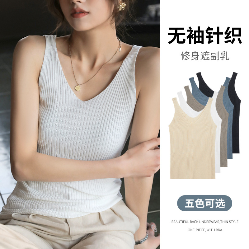 Camisola de las mujeres de punto con cuello en V desgaste exterior diseño suelto verano Delgado negro slim fit interior sin mangas superior