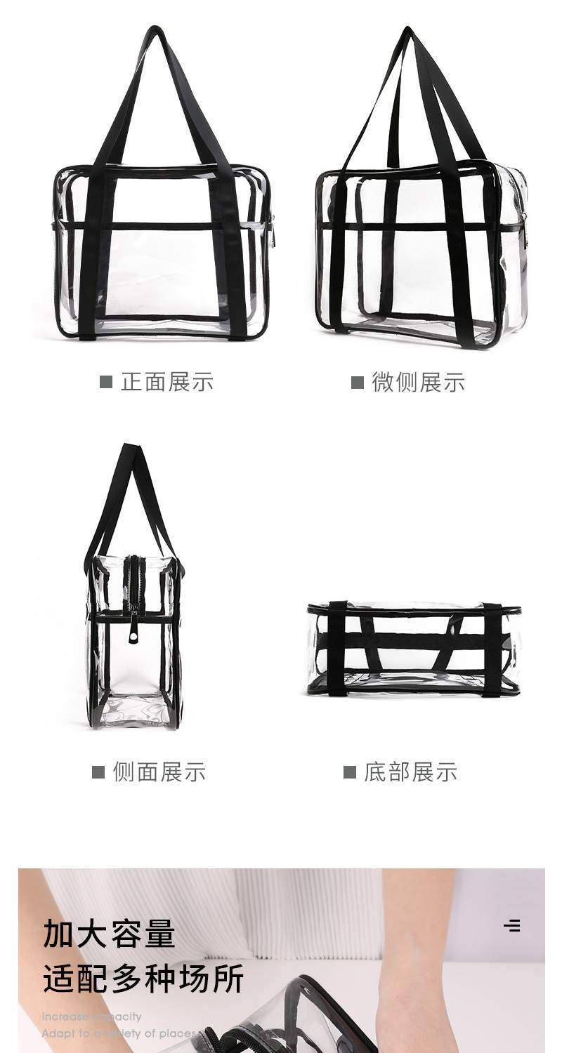 Transparent PVC Tote Bag Large Capacity Waterproof Zippered Jelly Bag Foldable Storage Handbag overview