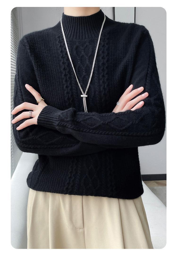 【 Cashmere Family 】 Halbhoher, kurzer Pullover im Rautenmuster mit lockerer Wollbasis für Damen mit dicker Strickschicht_voghion.com