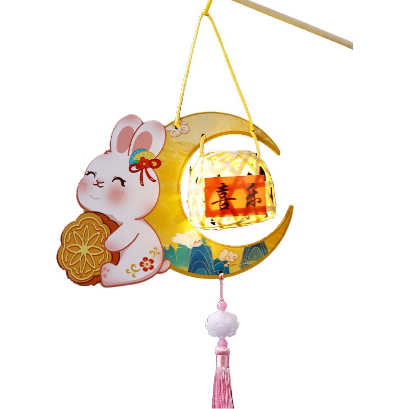 2023 Nuevo Festival de mediados de otoño linterna de bambú paquete de material de bricolaje hecho a mano de los niños linterna de conejo luminoso portátil de estilo nacional