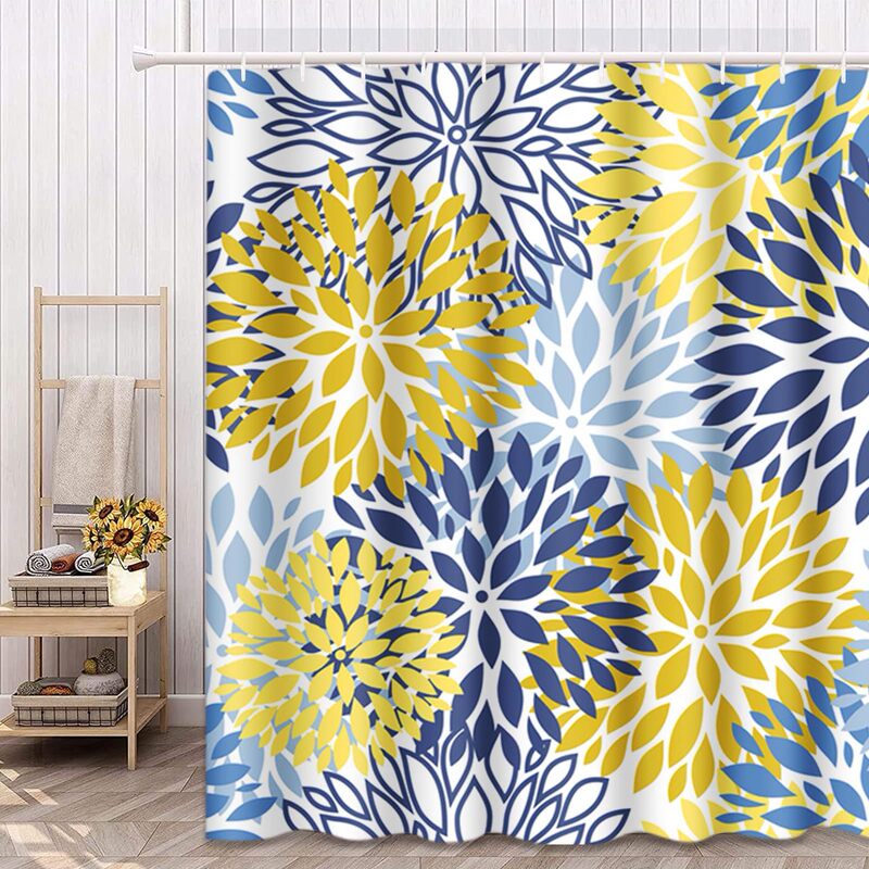 Cross-Border Shower Curtain with Spring Flower Designs in Blue, Yellow, and Navy Blue, Chrysanthemum Shower Curtain with Digital Printing, Waterproof and Mildew-Proof Partition Curtain for Bathroom