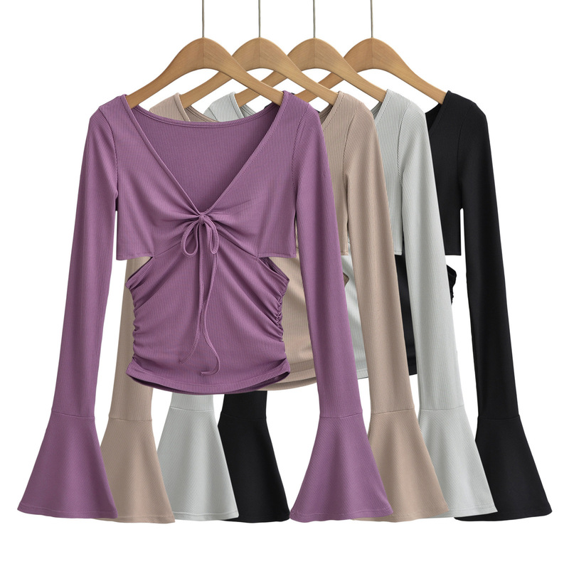 Pure hot girl sexy V-neck lace-up flared long-sleeved T-shirt female 2023 autumn hollow-out tight bottoming shirt top