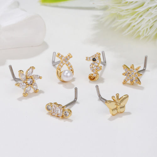 Amazon's best-selling copper-plated real gold nose nail jewelry European and American nose jewelry L-bar micro-inlaid zircon body piercing jewelry