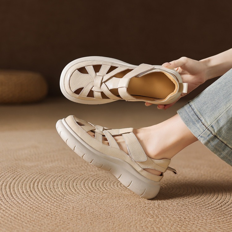 Sandal nữ đế dày da cừu phối quai ngang phong cách học đường — màu đen, màu trắng ngà chi tiết 72