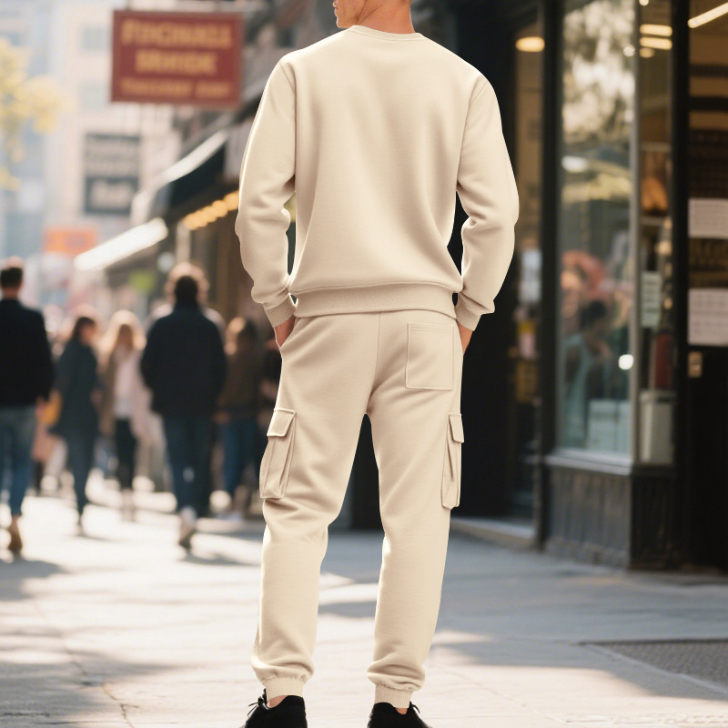 Europe, America, Autumn And Winter Heavy Velvet Men's Loose Casual Sports Tooling Round Neck Solid Color Sweater Trousers Set_viptrois.com