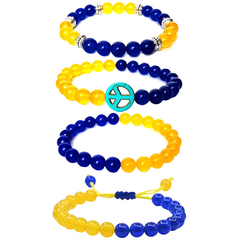 跨境热销款时尚乌克兰手链创意天然石黄蓝国旗色编织弹力手串批发