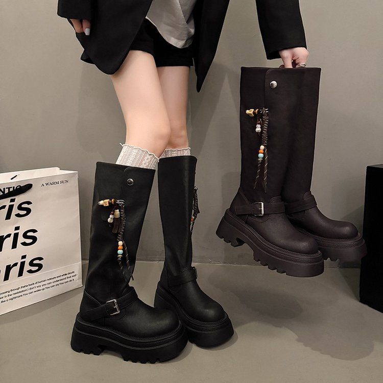 设计感小众厚底长筒靴女2025秋冬新款粗跟百搭显瘦串珠高筒骑士靴|undefined