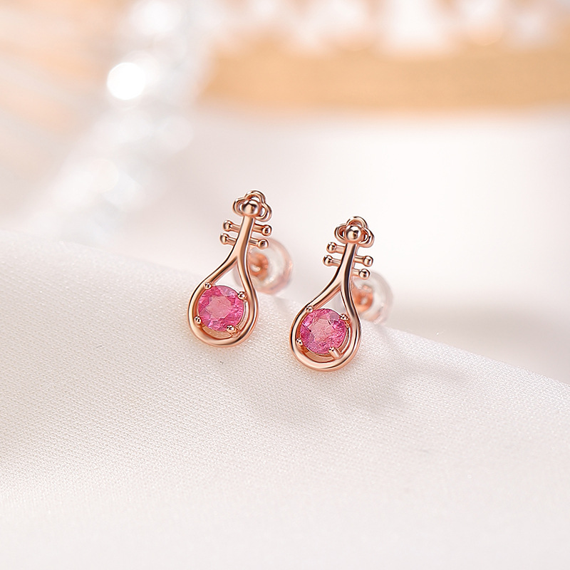 Bông tai nữ bạc S925 mạ vàng hồng đính tourmaline pipa hạt tròn phong cách Trung Hoa — Một cặp (màu tourmaline ngẫu nhiên)