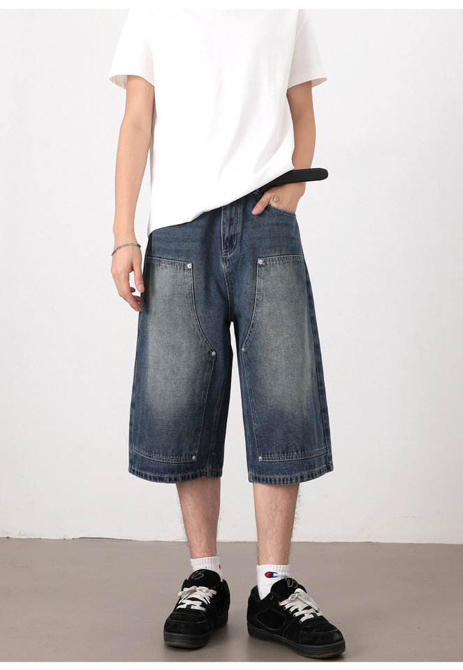Quần jean nam ống suông rộng lửng giặt mài phong cách retro — Denim đen, Xanh nhạt, Xanh đậm chi tiết 16