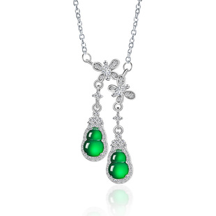 Natural A Jade Yang Green Double Gourd Pendant S925 Silver Set Ice Jade Women's Fashion Pendant Chain